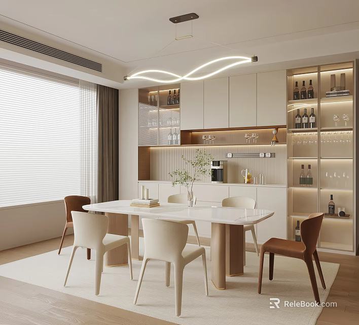 Modern Restaurant Featuring White Dining Table Brown White Chairs Curved Pendant Light And Wine Rack 3d model 