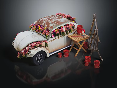 Vintage White Beetle Car Decorated With Pink Red Flowers Wooden Table Red Pots And Easel 3d model