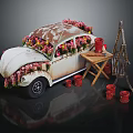 Vintage White Beetle Car Decorated With Pink Red Flowers Wooden Table Red Pots And Easel