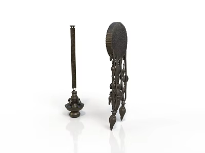 Carved Metal Sculptures With Tall Slender Column Base And Circular Decorative Pendants Intricate Patterns 3d model