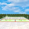 Outdoor Sports Facility With Basketball Courts Green Surfaces Fences Trees And Blue Sky