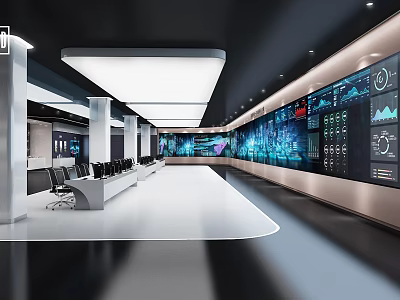 Modern Monitoring Room Interior Design With Multiple Digital Screens And Control Consoles 3d model