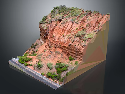 Modern Red Mountain Terrain Model With Layered Rocks And Green Vegetation 3d model