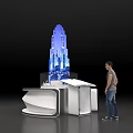 Blue Illuminated Tower Structure On Circular White Platform With Person Standing 3d model