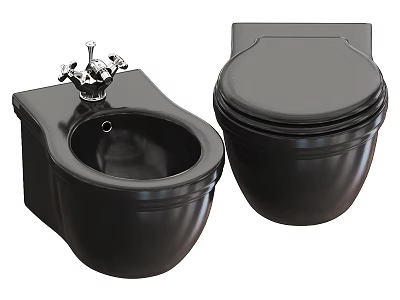 Black Two Piece Toilet With Metal Faucet And Classic Design For Bathroom 3d model