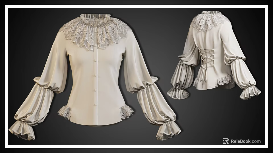 Ivory Vintage Blouse With Lace Collar Long Ruffled Sleeves And Lace Up Back Design 3d model 