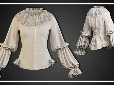 Ivory Vintage Blouse With Lace Collar Long Ruffled Sleeves And Lace Up Back Design 3d model