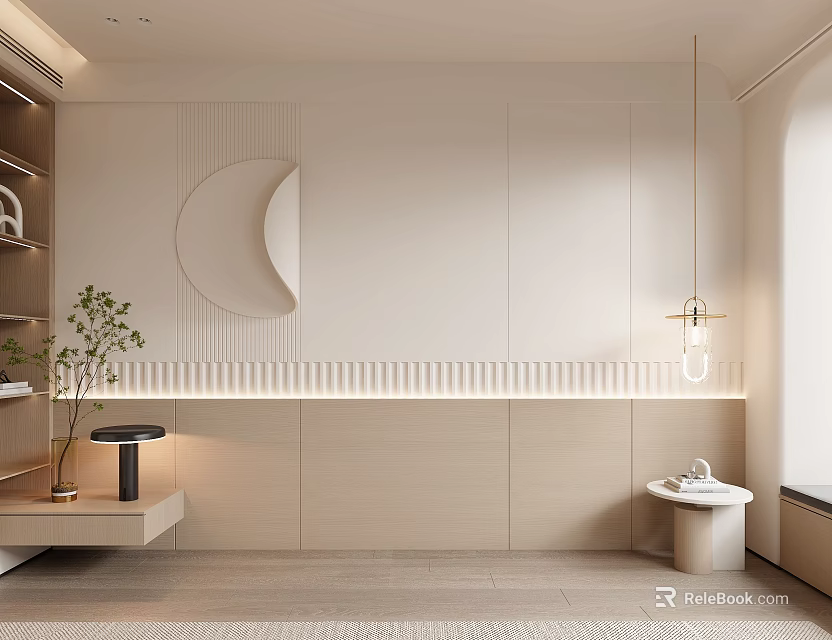 Modern Bedroom Accent Wall With Circular Mirror LED Strip Lighting And Potted Plant 3d model 