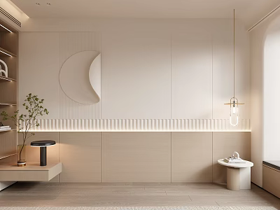 Modern Bedroom Accent Wall With Circular Mirror LED Strip Lighting And Potted Plant 3d model