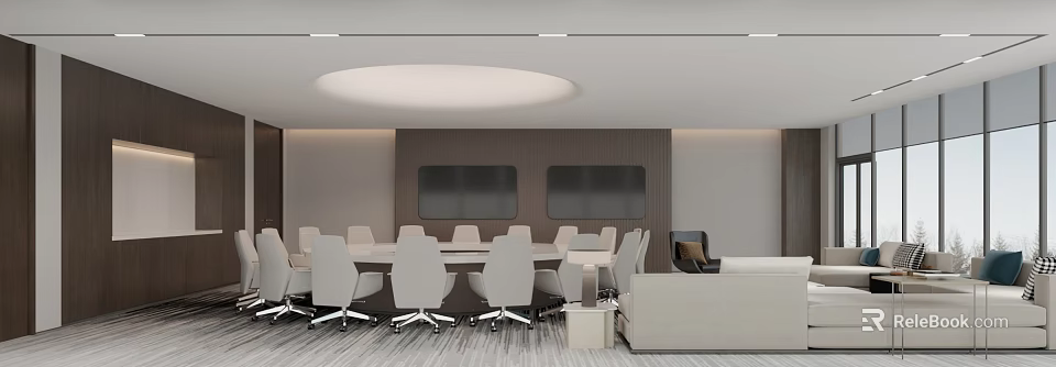 Modern Conference Room Interior With Large Meeting Table Ergonomic Chairs And Wall Screens 3d model 