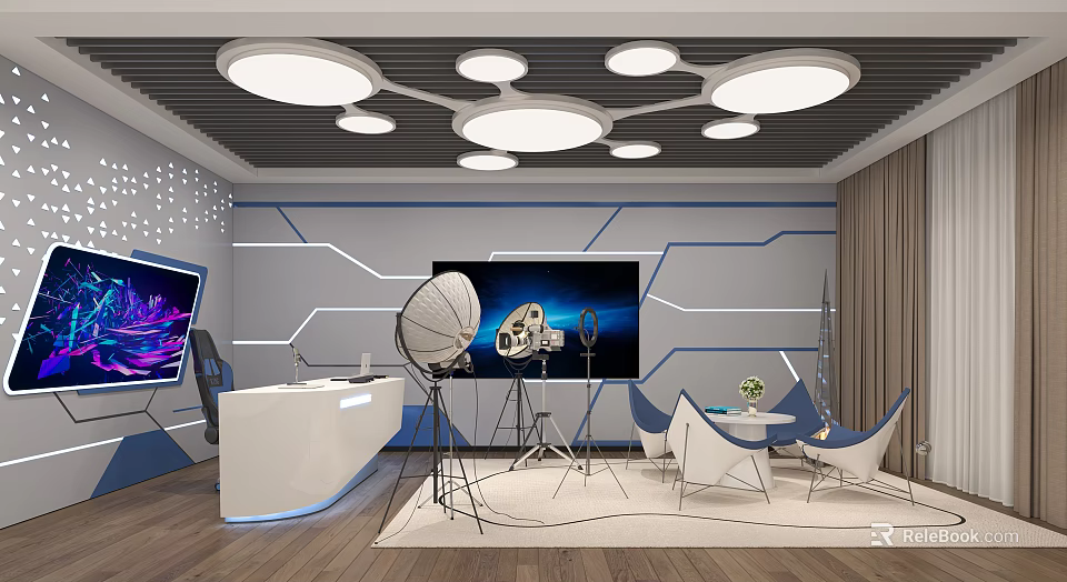 Modern Public Office Space With Circular Ceiling Lights Blue Wall Lines And Large Screen 3d model 