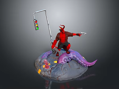 Red Horned Demon Figure Holding Gun With Octopus Tentacles And Traffic Light On Rock Base 3d model