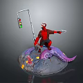 Red Horned Demon Figure Holding Gun With Octopus Tentacles And Traffic Light On Rock Base