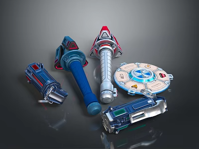 Futuristic Weapon Designs Featuring Blue Handles Red Accents And Circular Technological Components 3d model