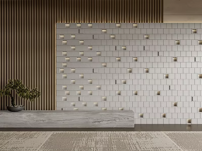 Modern Front Desk Background Wall With Wooden Strip Accent White Square Tiles And Gray Countertop 3d model