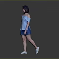 Woman In Stylish Blue Off Shoulder Top Blue Skirt And White Shoes On Gray Background