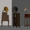 Vintage Gramophones With Brass Horns On Wooden Bases Against Gray Walls And Light Floors