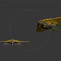 Two Yellow Cosmic Spacecraft Flying In Aerospace With Modern Sleek Design