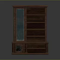 Vintage Wooden Display Cabinet With Green Glass Door And Multiple Wooden Shelves