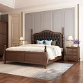 Dark Brown Leather Tufted Double Bed With Carved Headboard And Bedside Table Lamps