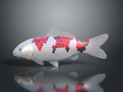 Red White Black Koi Fish With Mosaic Pattern On Body And Reflection On Gray Background 3d model