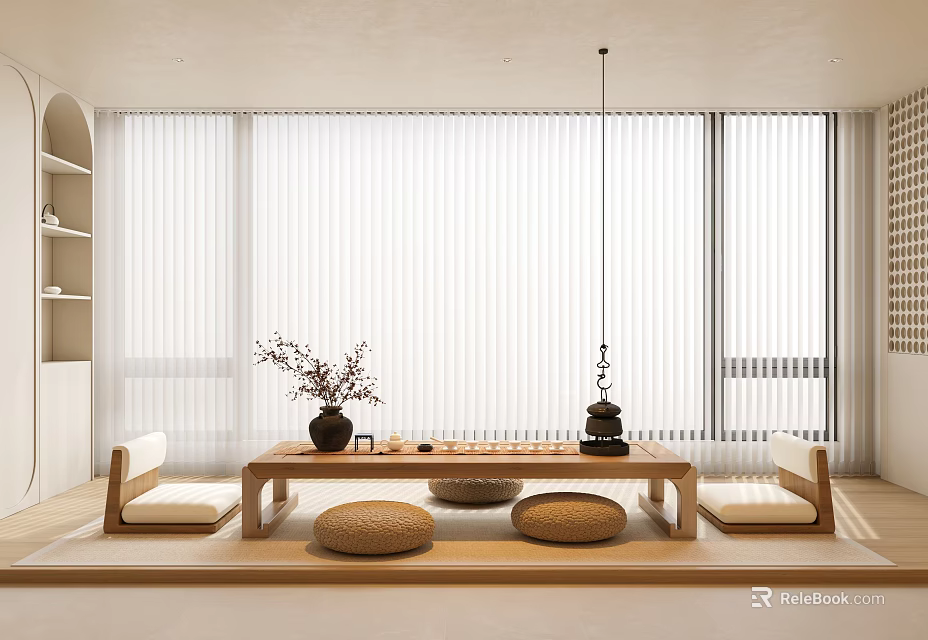 Minimalist Tea Room Interior With Wooden Table Cushions And Natural Light 3d model 