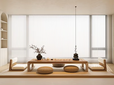 Minimalist Tea Room Interior With Wooden Table Cushions And Natural Light 3d model