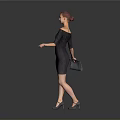 Woman Wearing Off Shoulder Dress with Clutch Bag Striking Elegant Pose on Gray Background