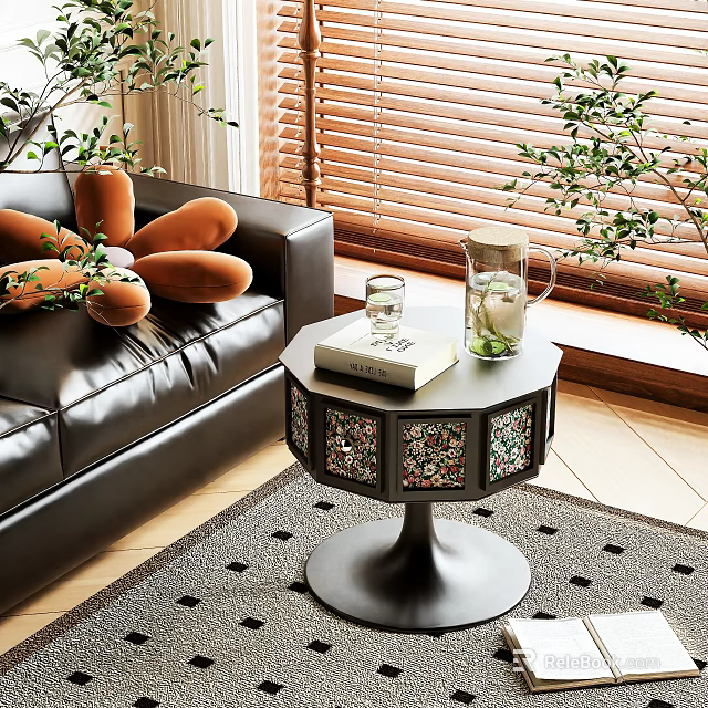 Octagonal Side Table With Decorative Panels Black Base For Living Room Sofa Area 3d model 