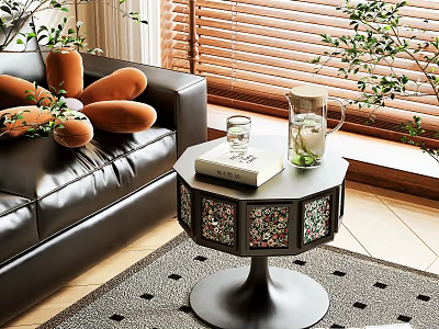 Octagonal Side Table With Decorative Panels Black Base For Living Room Sofa Area 3d model