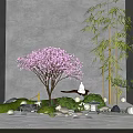 Karesansui Zen Garden Design With Purple Cherry Blossom Bamboo Moss Stones And White Statue