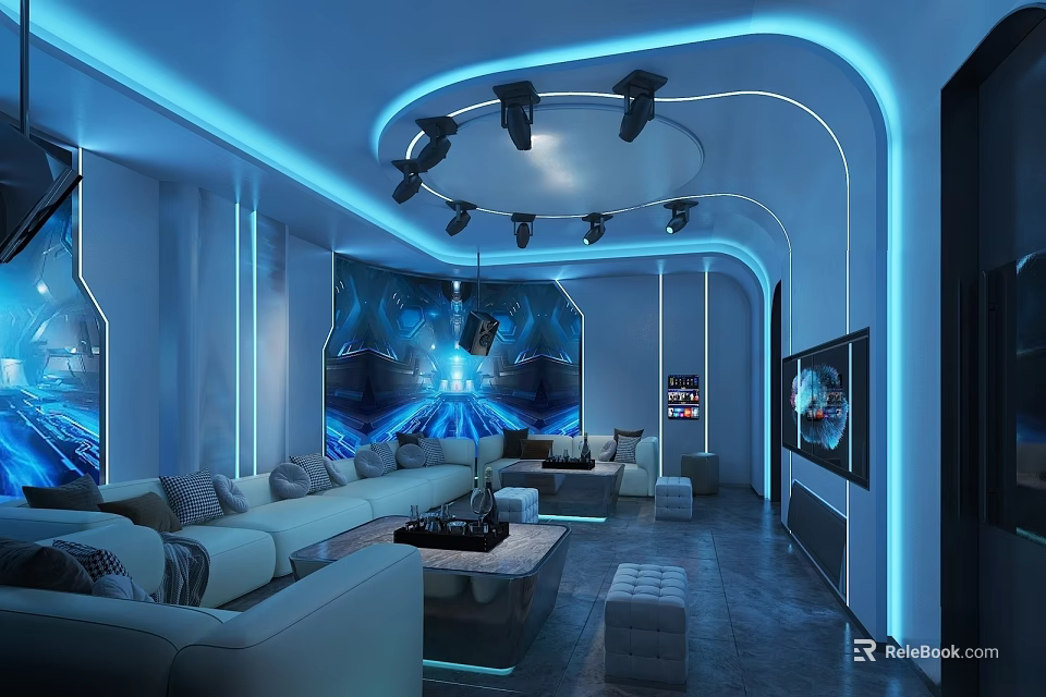 Modern KTV Interior Design With Blue Neon Lights Sofas TV Screens And Decorative Wall 3d model 