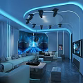 Modern KTV Interior Design With Blue Neon Lights Sofas TV Screens And Decorative Wall