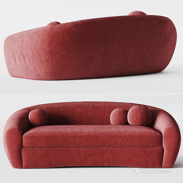 Red Curved Velvet Sofa with Round Pillows Modern Design Comfortable Upholstered Seating 3d model 