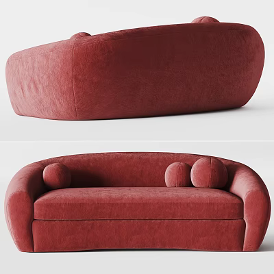Red Curved Velvet Sofa with Round Pillows Modern Design Comfortable Upholstered Seating 3d model