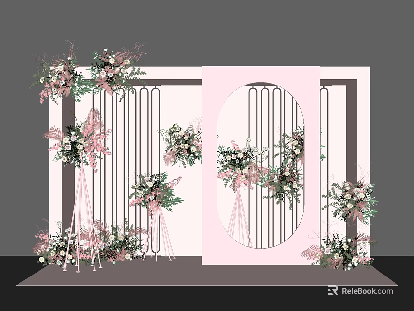Elegant Wedding Backdrop Decor With Pink White Flowers And Arch Design 3d model 