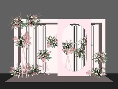 Elegant Wedding Backdrop Decor With Pink White Flowers And Arch Design 3d model