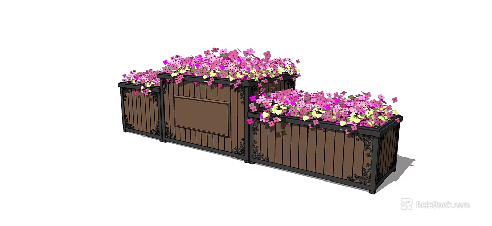Decorative Flower Planters with Black Metal Frames Filled with Lush Pink and Purple Hanging Blooms 3d model 