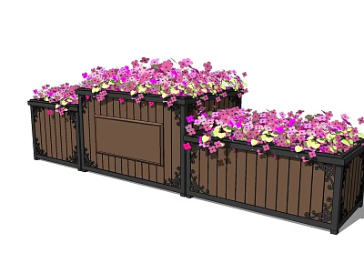Decorative Flower Planters with Black Metal Frames Filled with Lush Pink and Purple Hanging Blooms 3d model