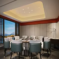 Elegant Private Dining Room Interior With Round Table Chairs And Mountain View Through Window 3d model