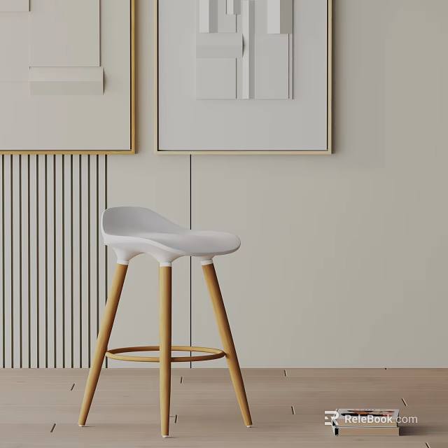 Modern White Bar Stool With Wooden Legs Against Neutral Wall And Decorative Frames 3d model 