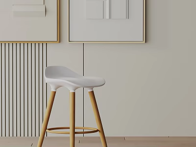 Modern White Bar Stool With Wooden Legs Against Neutral Wall And Decorative Frames 3d model