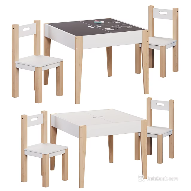 Kids Wooden Study Table with Matching Chairs for Activity and Play Room 3d model 