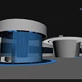 Modern Exhibition Hall Design With Curved Structure Blue Screens Data Lines And Lit Floor