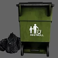 Public Facility Green Garbage Bin With Caution Sign And Black Garbage Bags