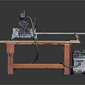 Woodworking Miter Saw Set Up On Workbench With Long Rail And Dust Extractor