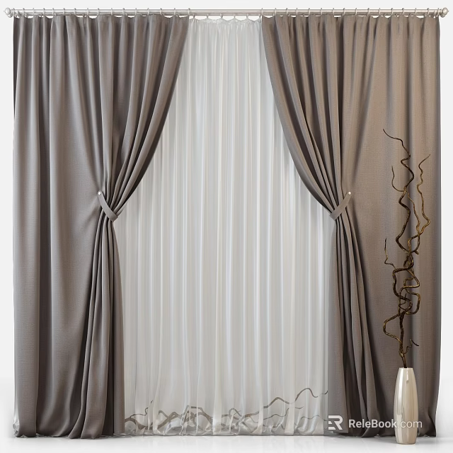 Gray Curtains With White Sheer Panels And Tiebacks In Modern Interior Decor 3d model 