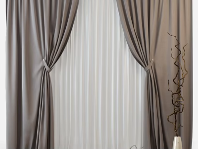 Gray Curtains With White Sheer Panels And Tiebacks In Modern Interior Decor 3d model