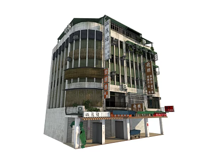 Old Multi Story Building Exterior With Chinese Signs Windows And Shop Entrance 3d model