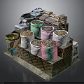 Modern Storage Solution With Stacked Colorful Fabric Bags And Containers On Wooden Base
